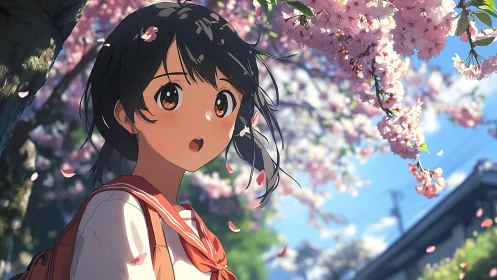 Springtime anime schoolgirl beneath drifting cherry blossoms.