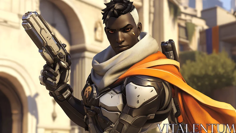 Urban paladin in orange cloak levels a precise digital stare