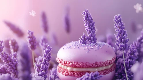 Lavender macaron dessert in dreamy shallow focus pastel field.