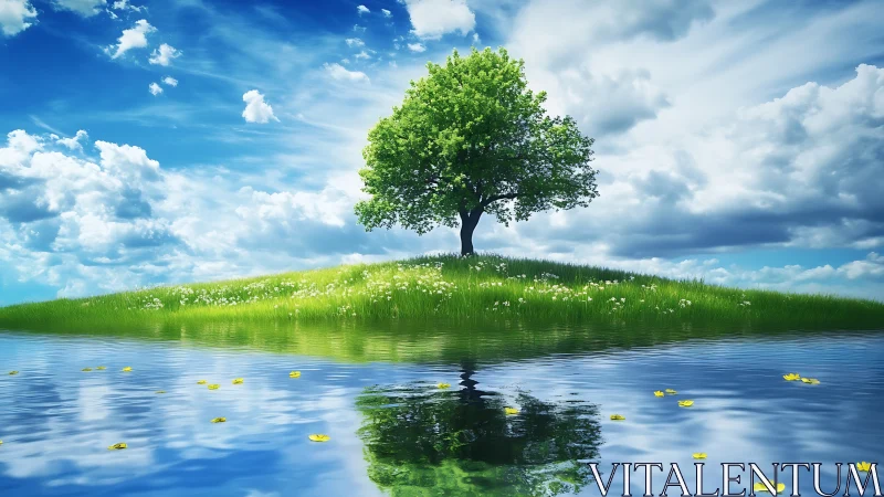 Lone green tree crowns bright meadow above mirror lake.