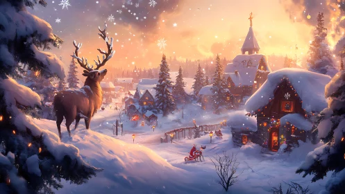Digital painting of snowy reindeer lookout over festive village.