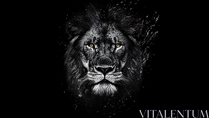 Lion portrait rendered in monochrome digital splatter style