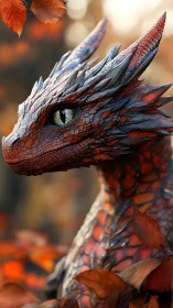 Red scaled dragon head in shallow depth of field portrait.