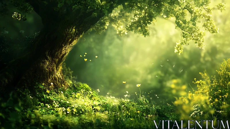 Sunlit forest glade with butterflies and luminous foliage