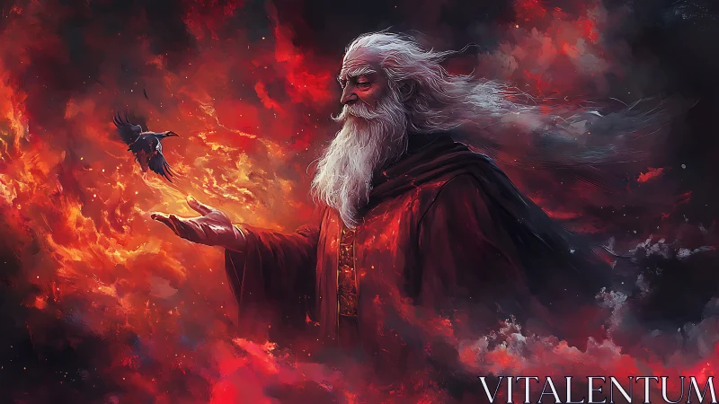 Elderly robed figure with bird amid red swirling clouds.