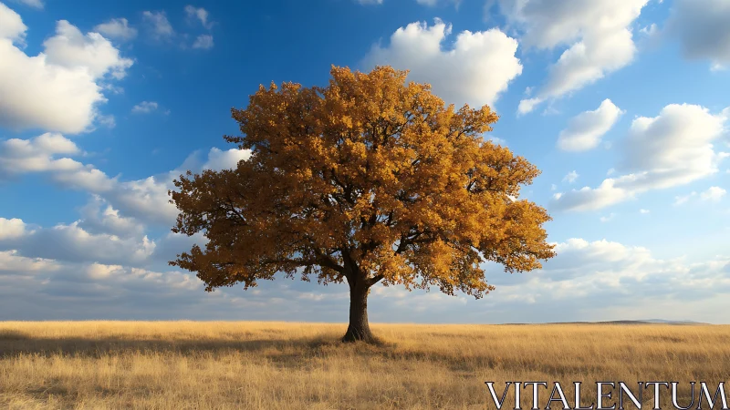 Majestic lone oak tree in golden autumn field, natural landscape.