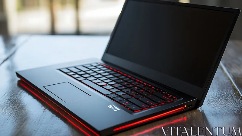 Sleek black laptop with red backlit keyboard on table.
