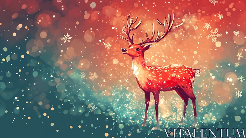 Luminous winter stag amid bokeh snow and aurora glow.