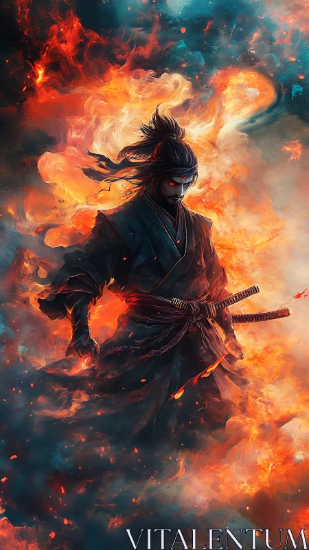 Fiery dark samurai warrior surrounded by swirling flames.