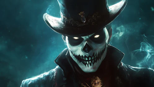 Sinister skeletal gunslinger in glowing teal mist portrait.