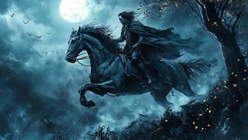 Caped rider on galloping horse under full moon at night.