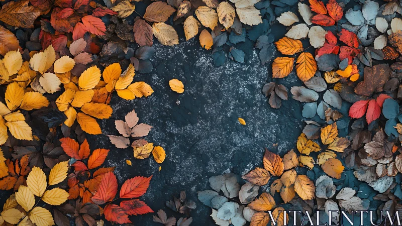 Autumn leaves frame a textured dark ground with rich contrast