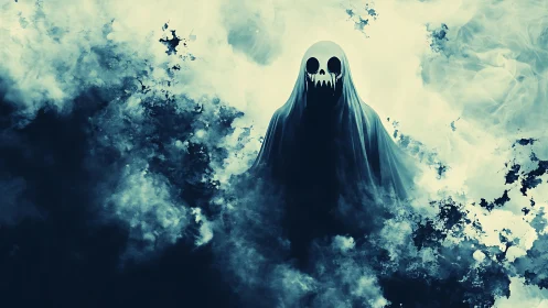 Shrouded ghostly figure looms from swirling blue mist.
