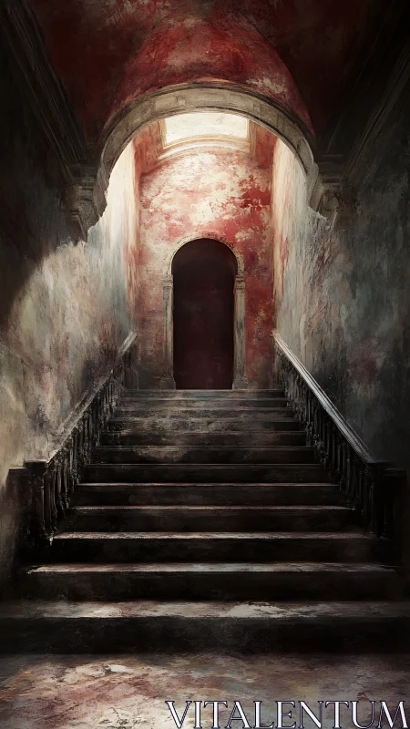 Cracked stone staircase climbs toward blood-red archway