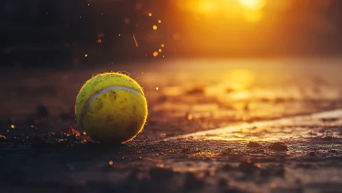 Tennis ball rests on gritty court under molten sunset glow