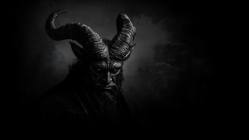 High-contrast horned demon portrait rendered in low-key lighting