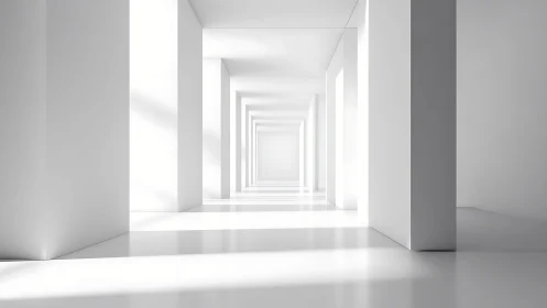 Receding Corridor of Pure White Geometric Forms.
