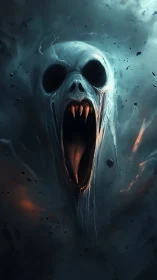 Ghostly screaming skull emerging from swirling darkness.