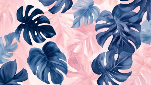 Indigo monstera foliage layered over soft blush botanicals.
