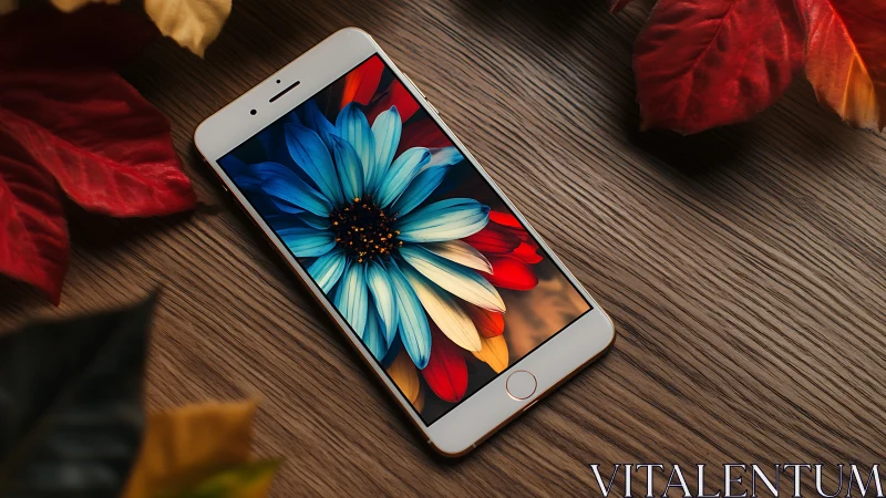 White smartphone displays vibrant turquoise flower against autumn leaves