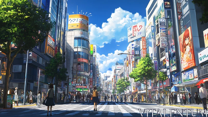 Urban anime streetscape renders sunlit commercial corridor