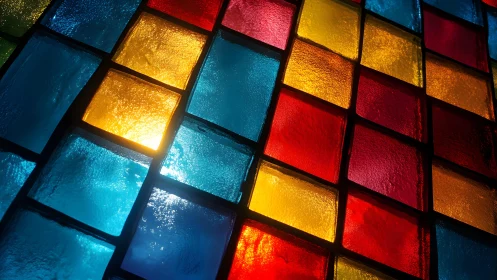 Vibrant stained glass window with geometric patterns and vivid colors.