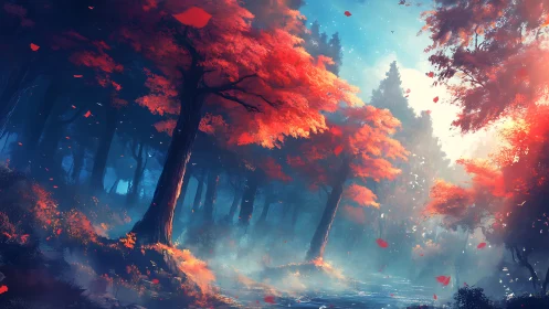 Forest landscape with autumn foliage and atmospheric light.