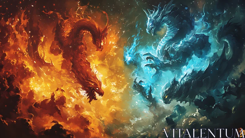 Elemental fire dragon battles icy dragon within swirling clouds