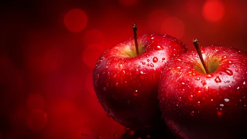 Glowing red apples shimmer with dewy water droplets.