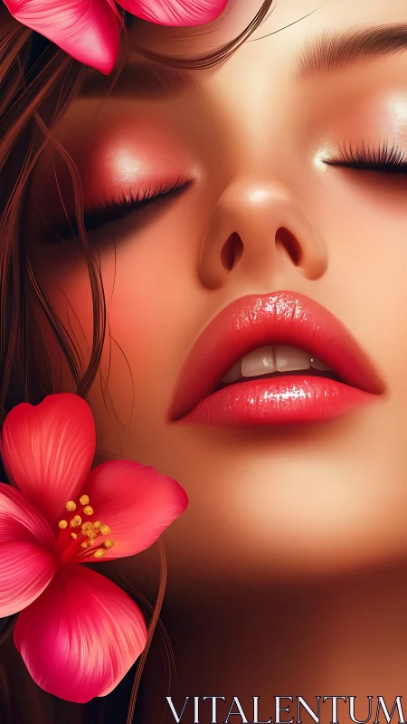 Close-up digital portrait with glossy lips and pink flowers.