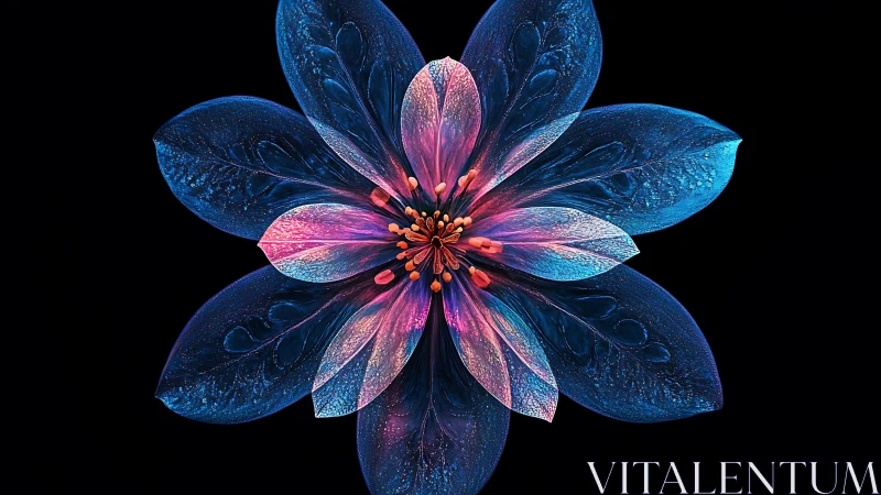 Neon petals quietly bloom like cosmic glass in midnight space