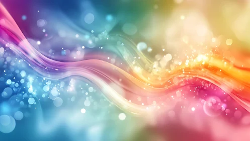 Chromatic light waves curve through bokeh-filled abstract field