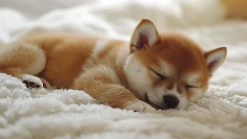 Sleepy puppy dreaming peacefully on a cloud-soft blanket.