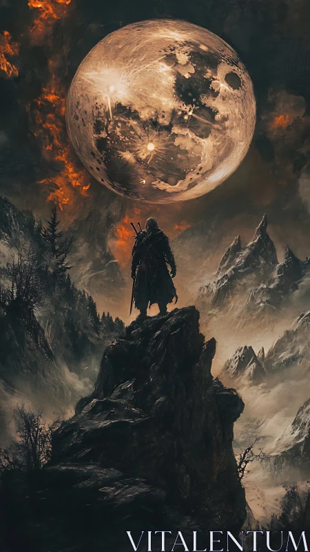 Solitary cloaked warrior observes oversized cratered moon in storm