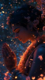 Serene floral portrait of woman in prayer at dusk.