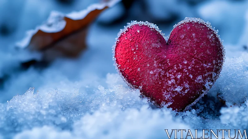 Red heart-shaped object on snow surface.