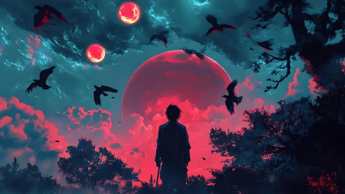 Neo-noir celestial vista with silhouetted wanderer and ravens.