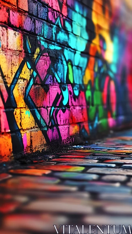 Urban graffiti colors flow across brick wall and wet street.