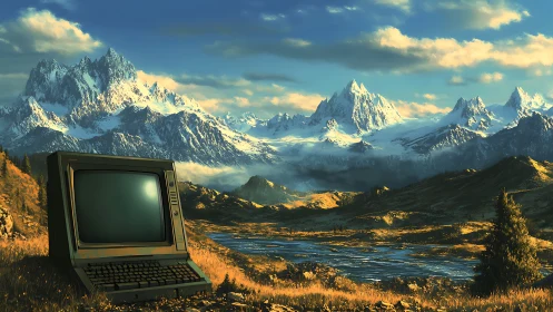 Retro computer rests before vast sunlit alpine mountain range