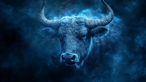 Majestic blue bull emerges calmly from swirling cosmic mist