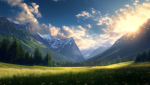 Digital painting of alpine valley meadow under radiant sunrise.