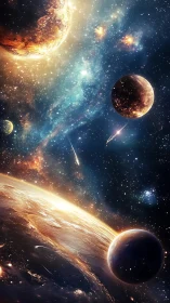 Swirling planets dance through a molten-lit galactic tide