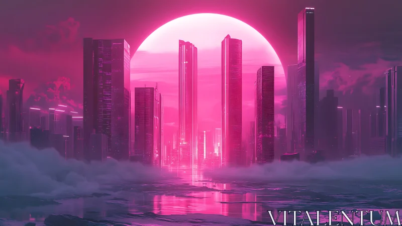 Neon pink futuristic city skyline with large setting sun.