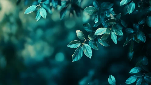 Teal forest leaves glow against deep blurred bokeh background.