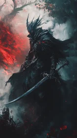 Dark armored swordsman stands in fiery, smoke-filled forest