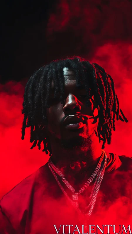 Portrait of male subject in red smoke with dramatic lighting.