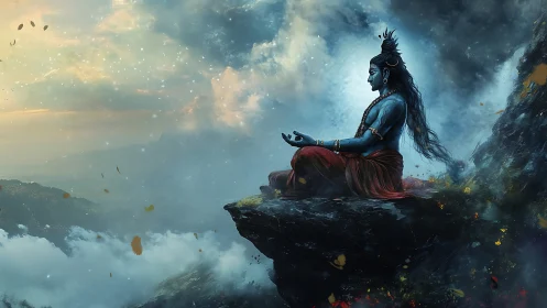 Blue-skinned seated figure in meditation on rocky cliff edge.