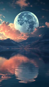 Colossal moonrise above glacial lake in pastel twilight.