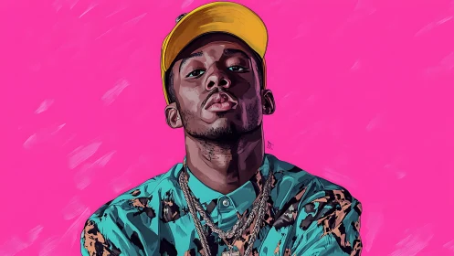 Bold street-cool portrait under neon-pink swagger sky.