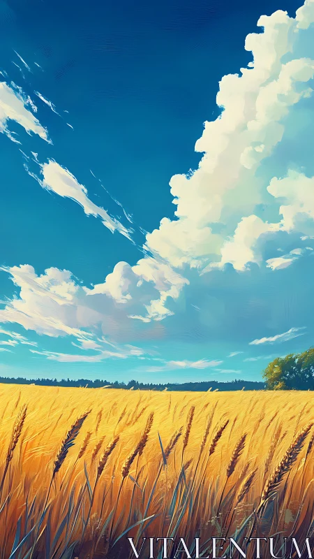 Golden wheat field under towering cumulus cloudscape at noon